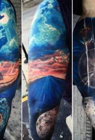 very beautiful colorful space and earth theme arm tattoo pattern