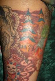 Painted Temple Lucky Cat and Devil Tattoo Pattern