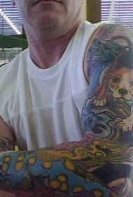Gėlių rankos spalvos šuniuko tematikos tatuiruotės raštas