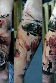 Waffen-Zeechestil gemoolt Militär- a Blummen Tattoo Designen