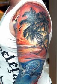 Iso värikäs ranta auringonlasku palmu ja kilpikonna tatuointi malli