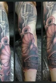 Brazo simple combinación micrófono gris negro con patrón de tatuaje fonógrafo