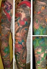 modello del tatuaggio del tema dello strumento musicale di colore del braccio del fiore