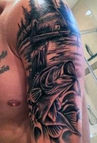Modello di tatuaggio di paesaggio di pesca lago grande nero grigio