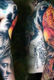 gėlių rankos spalvos kaukolės charakterio tatuiruotės paveikslėlis