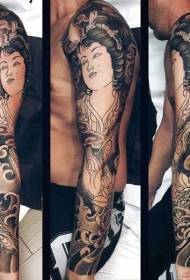 ດອກແຂນສີດໍາສີຂີ້ເຖົ່າຮູບແບບ tattoo geisha ຍີ່ປຸ່ນ