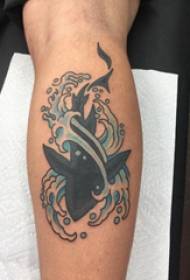 European calf tattoo boys shank on the waves and shark tattoo pictures