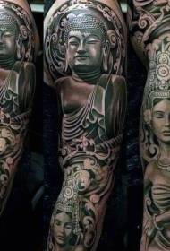 Schwaarz Grey Style Waffen wéi Buddha a Weiblech Statue Tattoo Musteren