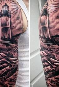 Brako Black Ash Lighthouse kun Sailing Wave Tattoo Pattern 98115 - Armiloj mirindaj nigraj arbaraj montaj tatuaj ŝablonoj