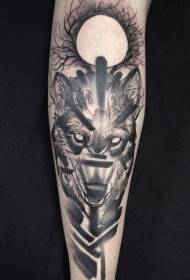 Scary Devil Black Wolf and Moon Tattoo Pattern