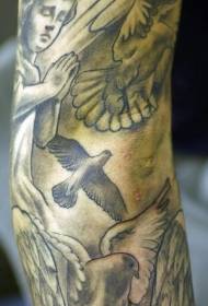 Praying Little Angel and Pigeon Tattoo Pattern