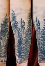 팔 매우 현실적인 흑백 이른 아침 숲 늑대 문신 패턴