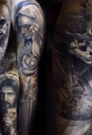 braț înger gri negru și biserică în stil religios tatuaj imagine