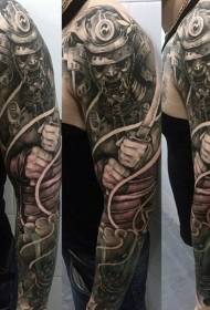 arm realistisk svart grå sint samurai og sverd tatoveringsmønster