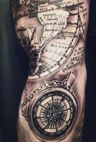 velká paže nádherná černá a bílá námořní mapa s kompasem tetování vzorem