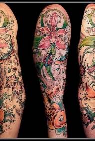 gekleurde blom met 'n bedwam en vis tattoo patroon