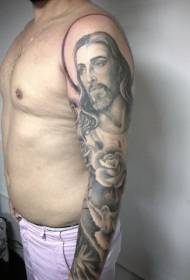flower arm religious style Jesus and pigeon tattoo pattern