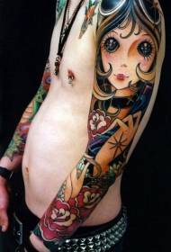 roko smešno barvno risano dekle s cvetličnim vzorcem tatoo