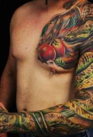 Puoli panssari kukka käsivarsi kuva tyyli värillinen paha käärme punaisella omena tatuointi kuvio