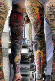 modello di tatuaggio a tema nautico dipinto a braccio floreale