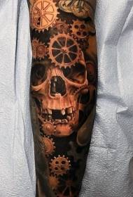 brazo de flor apariencia natural calavera de color con patrón de tatuaje de piezas mecánicas