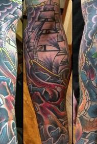 цвят на ръката морска тема октопод и лодка татуировка