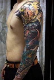 Ikusgarria demonio koloretako demonio samurai maskara dragoi berdeko tatuaje patroiarekin