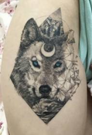 Becerro de tatuaxe de elemento xeométrico na cabeza do lobo e imaxes de tatuaxe de paisaxes
