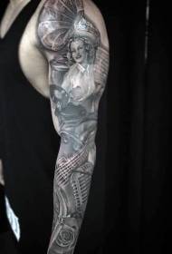 brazo moi realista gris negro antigo patrón de tatuaxe de instrumento musical