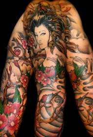 warna lengan baru gaya Jepang set bunga pola tato geisha