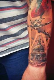 arm kleur militaire vliegtuigen en architecturale tattoo patroon