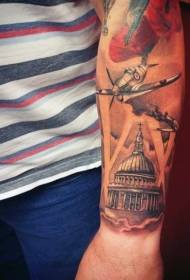 aeromobili militari di colore del braccio e modello di tatuaggio architettonico