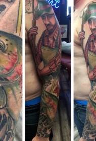 gran pescador de cor do brazo con patrón de tatuaxe de peixe
