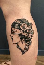 merkki muotokuva tatuointi kuva tyttö vasikka mustalla harmaalla hahmo muotokuva tatuointi kuva
