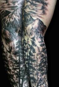 Fantastico modello di tatuaggio di montagna foresta nera grigia di armi