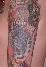 腕のドラゴンと城のタトゥーパターン