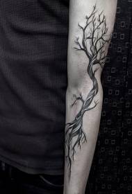 手臂黑白插畫風格大樹紋身圖案