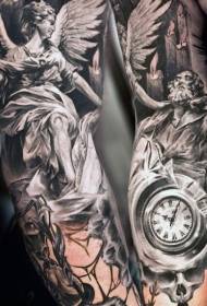 ramię czarno-biały realistyczny posąg anioła z wzorem tatuażu zegara
