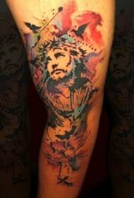 leg Watercolor style Jesus tattoo pattern