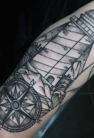 Caj Npab Dub thiab Dawb Lighthouse thiab Compass Tattoo Txawv