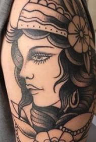 Skolpojke arm på svart punkt törna enkel linje blomma och porträtt tatuering bild