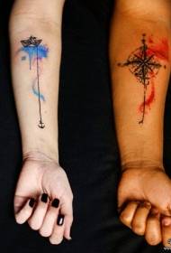 Пар оружја за Европу и Америку у боји прскање тинте компас узорак за тетоважу чамаца