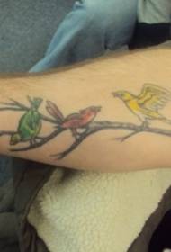 Koulupoika maalattujen kasvien oksilla ja lintujen tatuointikuvilla
