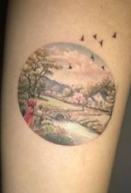 Boys arms painted oil painting geometric simple line figures and landscape scenery tattoo pictures