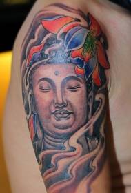Estatua de Buda de brazo grande con patrón de tatuaje pintado de loto