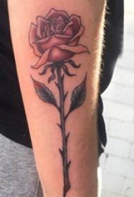 Foto piccola rosa fresca del tatuaggio della ragazza colorata del tatuaggio della rosa sul braccio