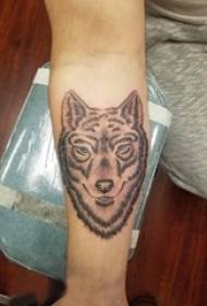 Boy's arm on black gray sketch point thorn trick domineering wolf head tattoo picture