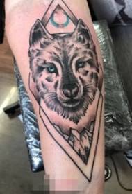 O braço do menino no desenho cinza preto dominador imagens de tatuagem cabeça de lobo
