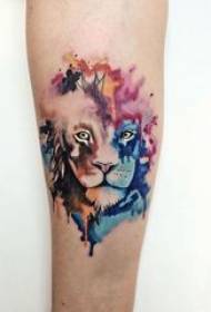 Lion head tattoo picture girl's arm color splash ink tattoo lion head tattoo picture