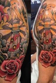 Maschera classica del tatuaggio del fiore del faro di schizzo dell'acquerello dipinta armi dei ragazzi